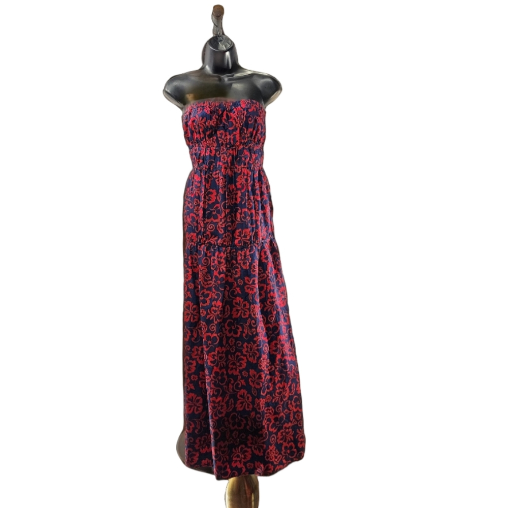 SUNDRY Red and Blue Strapless Tiered Sundress for Casual Resort Wear